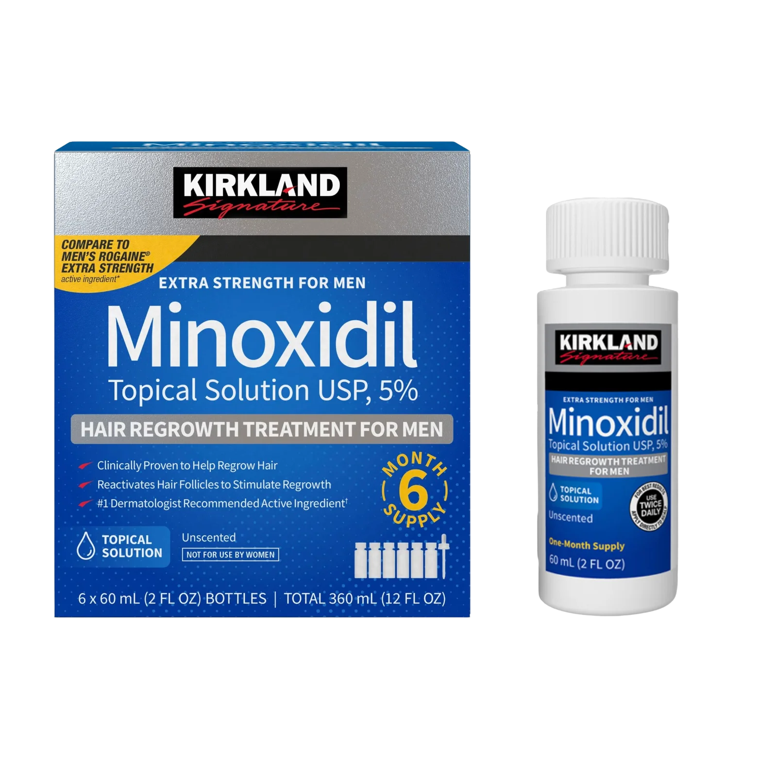 Kirkland Minoxidil 5% box and bottle